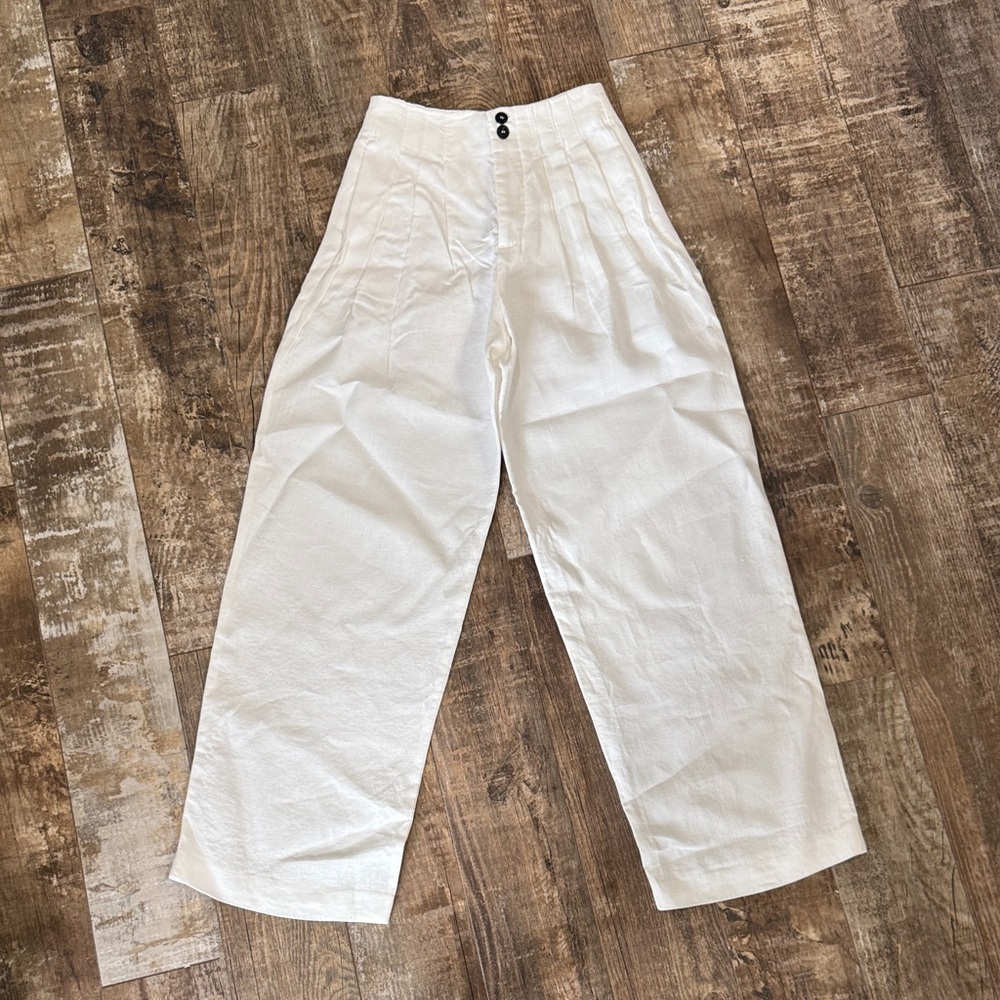 Zara White Pleated Wide-Leg Linen Trousers